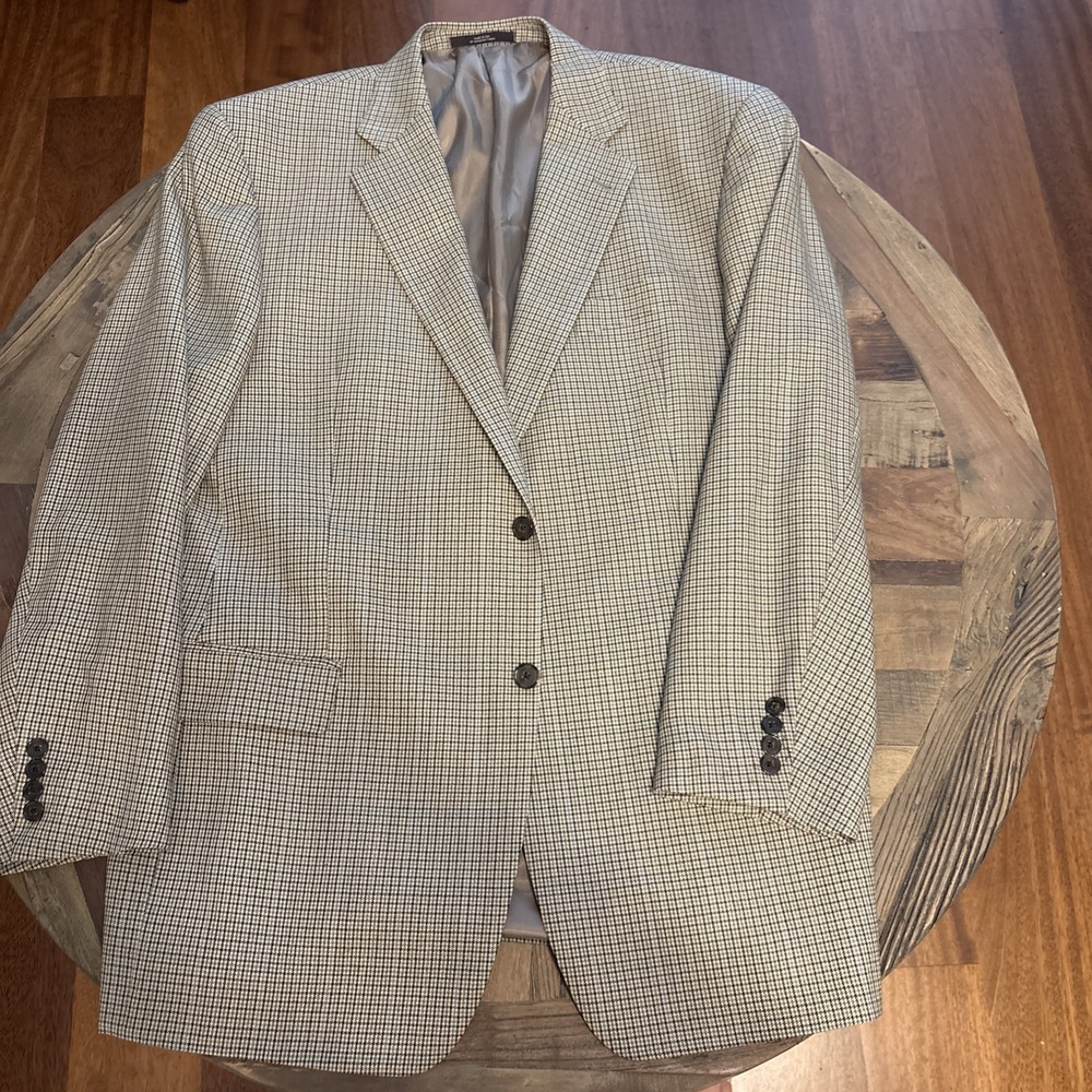 Joseph Abboud Men's Sport Coat Blazer Two Button Beige Blue Houndstooth Wool 44L